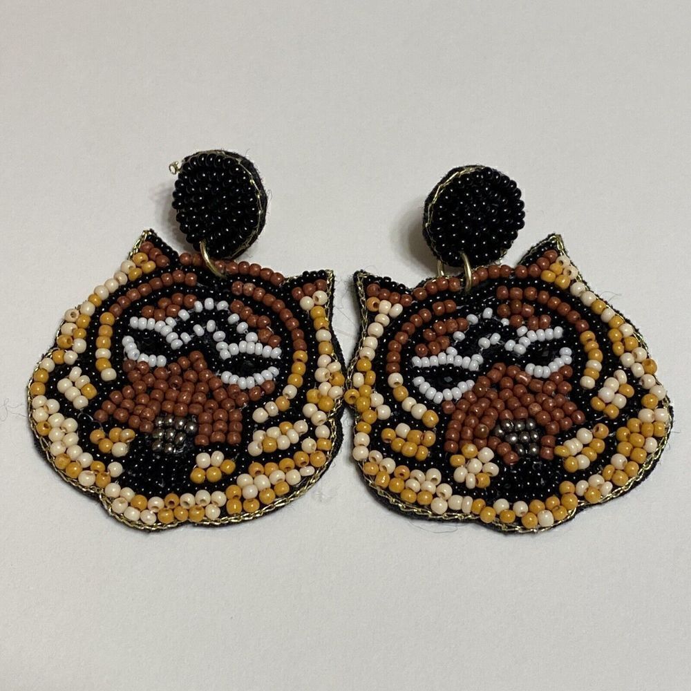 Bengal Tiger Cat Seed Bead Earrings Post Dangle Statement Designer 2” - Picture 5 of 5